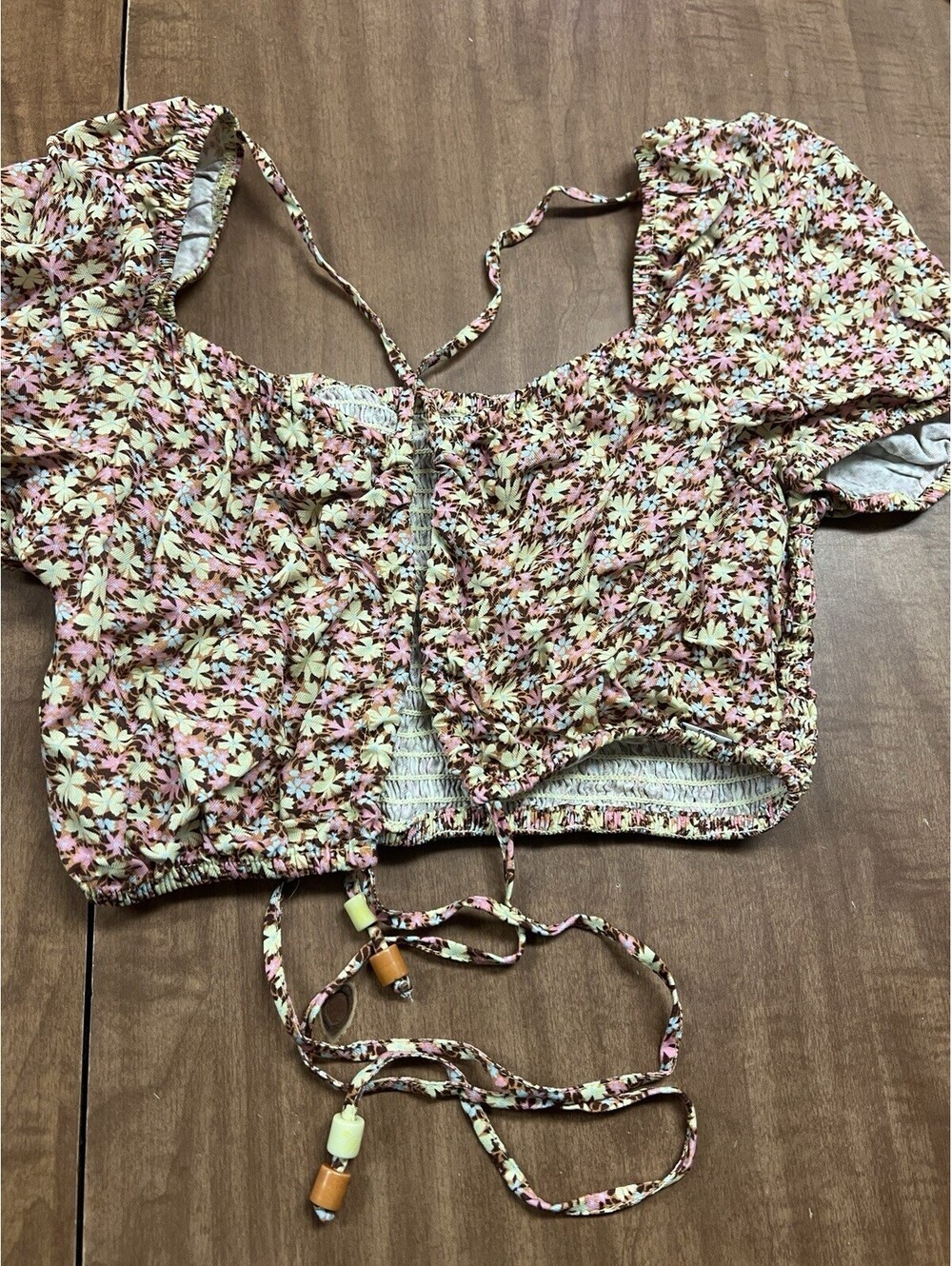 Maaji Crop Top Womens Medium Yellow Pink Floral Puff Sleeve Smocked Boho Summer